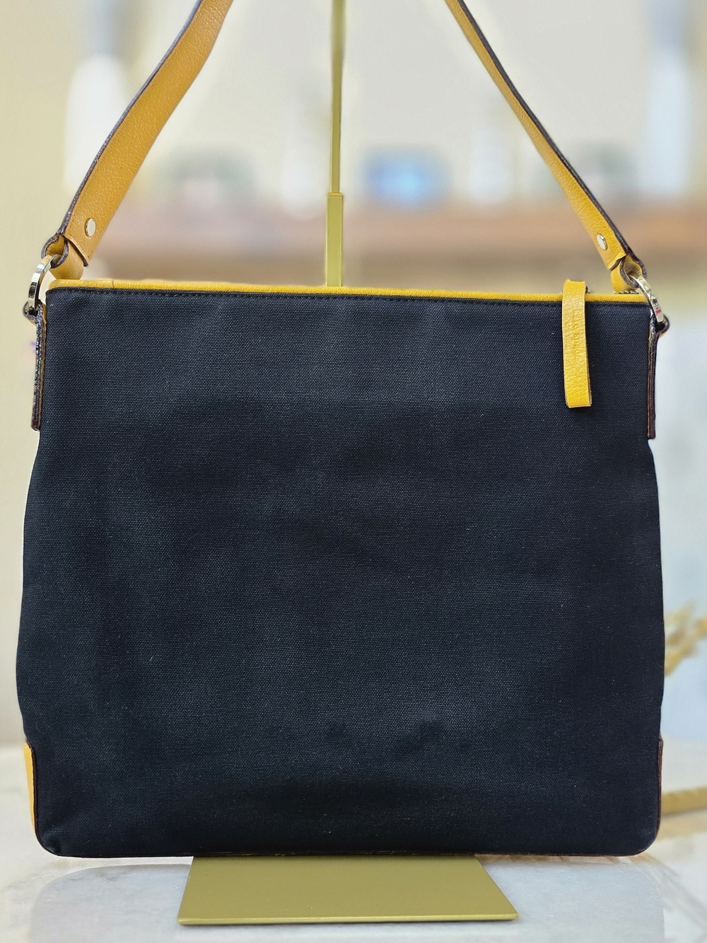 Kate Spade New York Black Canvas Yellow Leather Trim Messenger Crossbody. - Picture 2 of 11